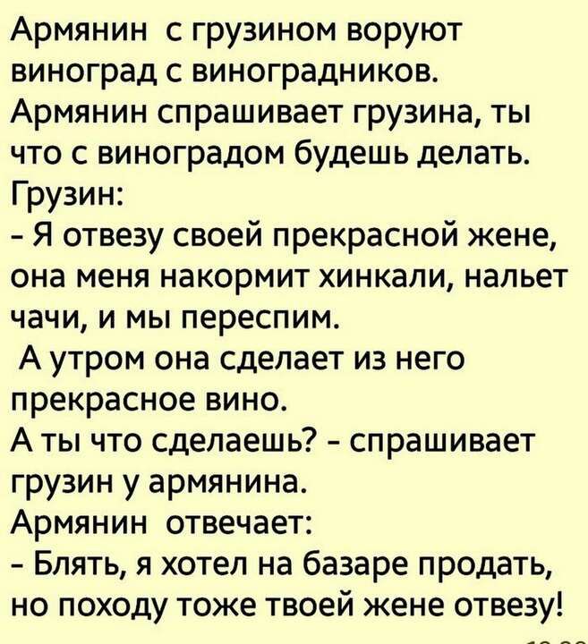 Армянин с грузином воруют виноград с виноградников Армянин спрашивает грузина ты что с виноградом будешь делать Грузин Я отвезу своей прекрасной жене она меня накормит хинкапи нальет чачи и мы переспим А утром она сделает из него прекрасное вино А ты что сделаешь спрашивает грузин у армянина Армянин отвечает Блять я хотел на базаре продать но походу тоже твоей жене отвезу