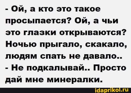 Ой а кто это такое просыпается Ой а чьи это глазки открываются Ночью прыгало скакало людям спать не давало Не подкапывай Просто дай мне минералки _