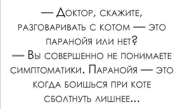 Доктор СКАЖИТЕ РАЗГОВАРИВАТЬ с котом это ПАРАНОЙЯ ИАИ НЕТ Вы СОВЕРШЕННО НЕ ПОНИМАЕТЕ симптоммики ПАРАНОЙЯ это КОГАА БОИШЬСЯ при КОТЕ свомнуть АИШНЕЕ