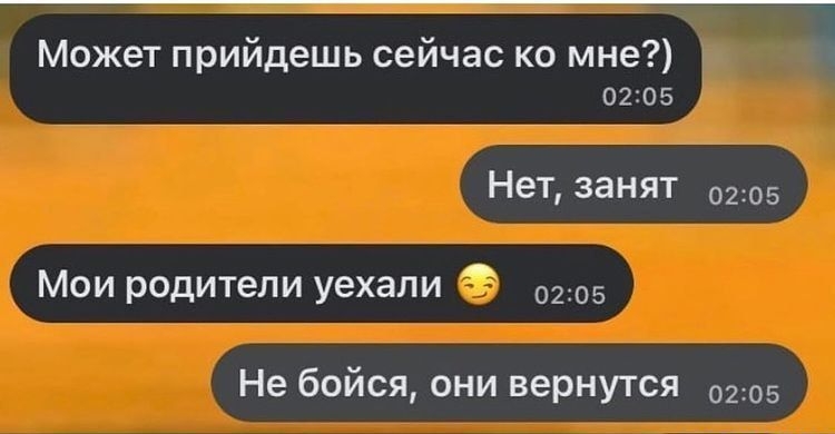 Может прийдешь сейчас ко мне 02305 Нет занят 0205 Мои родители уехали 0205 Не бойся они вернутся 0205
