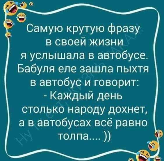 Самую крутую фразу в своей жизни я услышала в автобусе Бабуля еле зашла пыхтя в автобус и говорит Каждый день столько народу дохнет а в автобусах всё равно толпа
