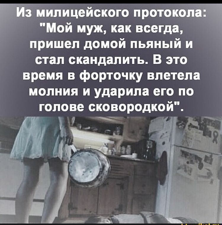 Па милицейского протоколай Мой муж как всегда пришел домой пьяный и стал скандалить В это время в форточку влетела молния и ударила его по голове сковородкой