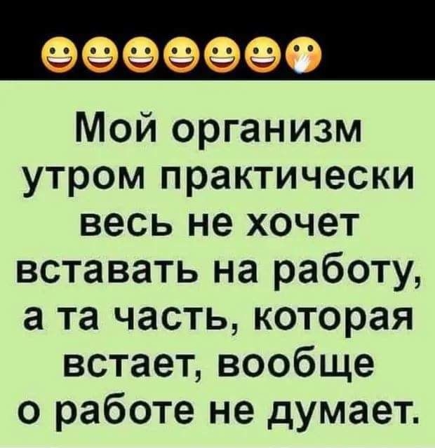 9999999 Мой организм утром практически весь не хочет вставать на работу а та часть которая встает вообще о работе не думает