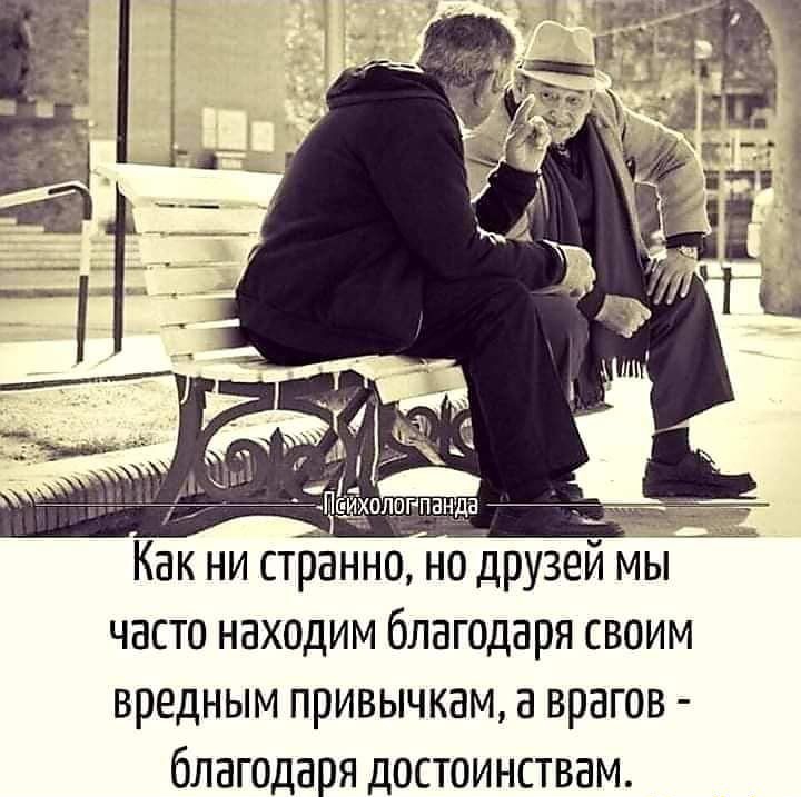 Как ни странно но друзей мы часто находим благодаря своим вредным привычкам а врагов благодаря достоинствам