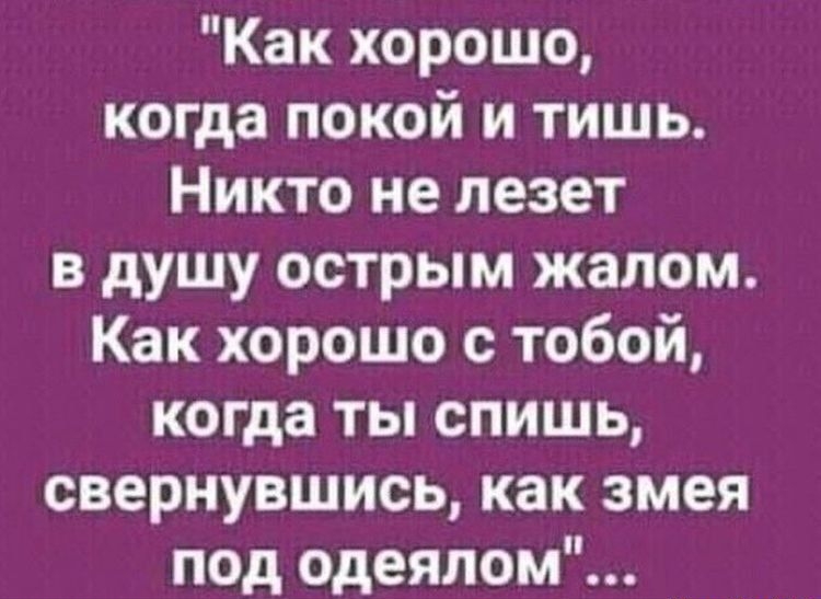 Как хорошо когда покой и тишь Никто не лезет в душу острым жалом Как хорошо с тобой когда ты спишь свернувшись как змея под одеялом