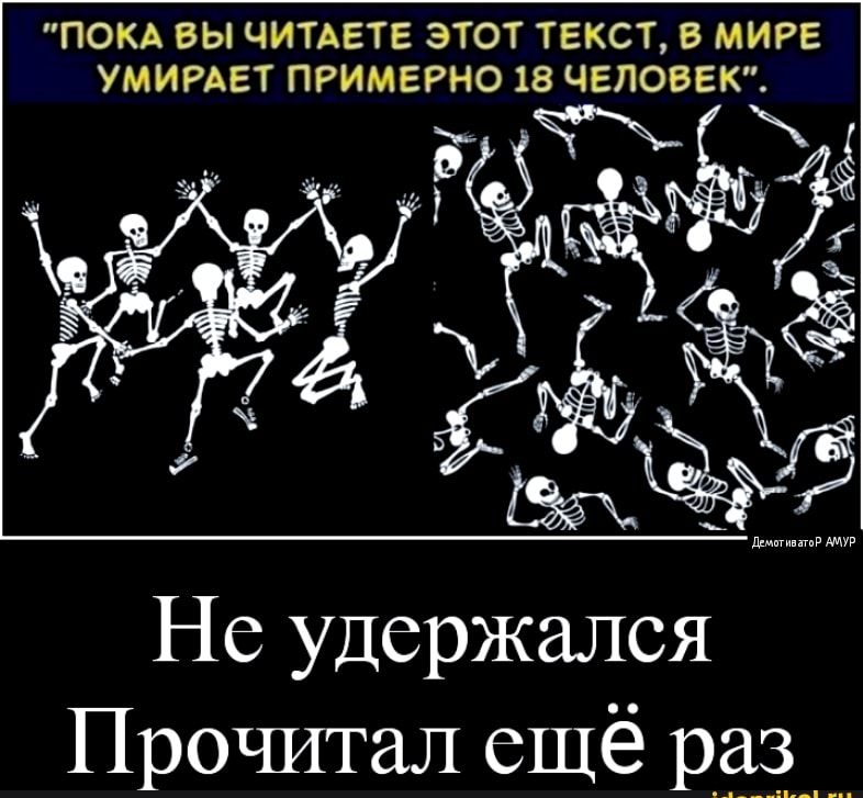 ПОКА ВЫ ЧИТАЕТЕ ЭТОТ ТЕКСТ В МИРЕ УМИРАЕТ ПРИМЕРНО 18 ЧЕЛОВЕК Не удержался Прочитал ещё р_3_____