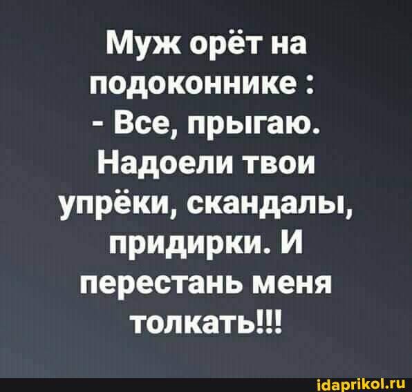 Муж орёт на подоконнике Все прыгаю Надоели твои упрёки скандалы придирки И перестань меня толкать шарика
