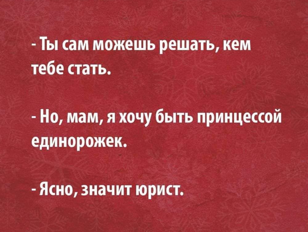 Ты сам можешь решать кем тебе стать Но мам я хочу быть принцессой единорожек Ясно значит юрист