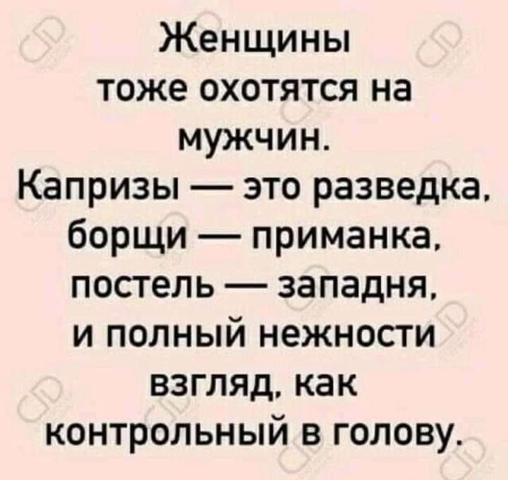 Женщины тоже охотятся на мужчин Капризы это разведка борщи приманка постель западня и полный нежности взгляд как контрольный в голову