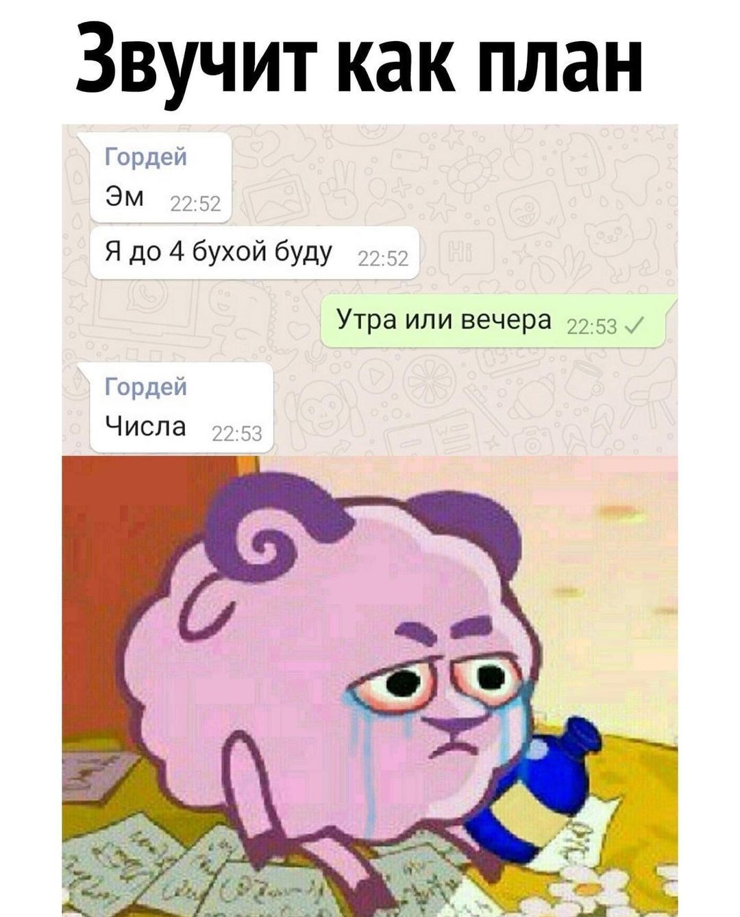Звучит как план Гордей ЭМ 2252 Я до 4 бухой буду 3252 Утра или вечера 2253 Гордей ЧИСЛЭ 212 533