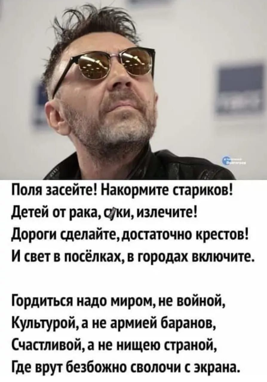 Поля засейте! Накормите стариков! Детей от рака, оуки, излечите! Дороги сделайте, достаточно крестов! И свет в посёлках, в городах включите. Гордиться надо миром, не войной, культурой, а не армией баранов, счастливой, а не нищею страной, где врут безбожно сволочи с экрана.