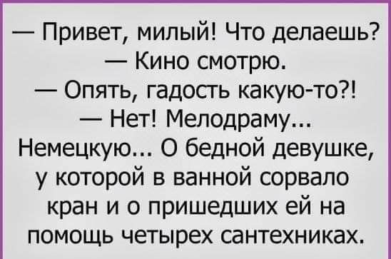 Привет милый Что делаешь Кино смотрю Опять гадосгь какуюто Нет Мелодраму Немецкую О бедной девушке у которой в ванной сорвало кран и о пришедших ей на помощь четырех сантехниках