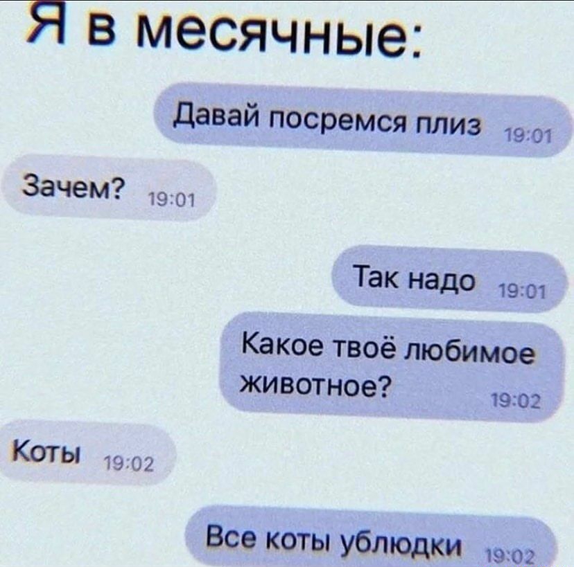 Я в месячные давай посремся плиз 1901 Зачем 193 Так надо 1901 Какое твоё любимое животное 1902 КОТЫ 1902 Все коты ублюдки 1902