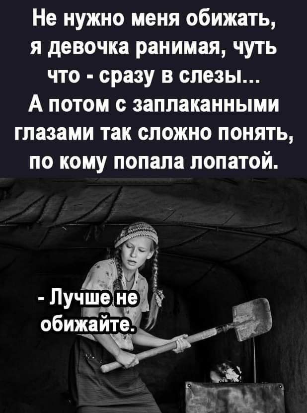 Не нужно меня обижать я девочка ранимая чуть что сразу в слезы А потом с заплаканными глазами так сложно понять по кому попала лопатой обиъкдёі _ 3 ае