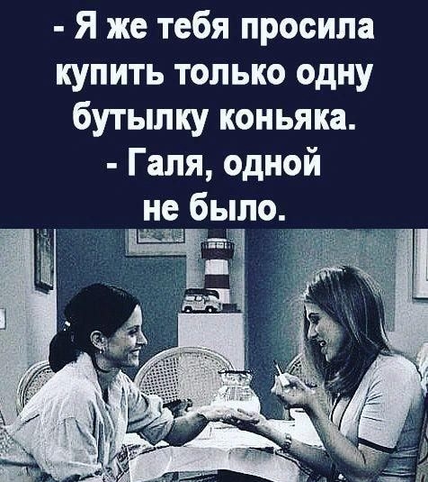 Я же тебя просила купить только одну бутылку коньяка Галя одной не было __ Е