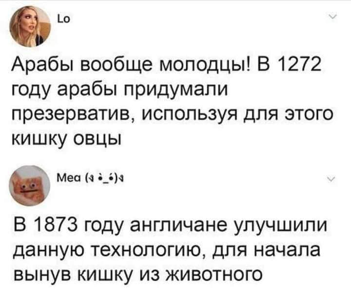 0 Р Арабы вообще молодцы В 1272 году арабы придумали презерватив используя для этого кишку овцы Меа _4 В 1873 году англичане улучшили данную технологию для начала вынув кишку из животного