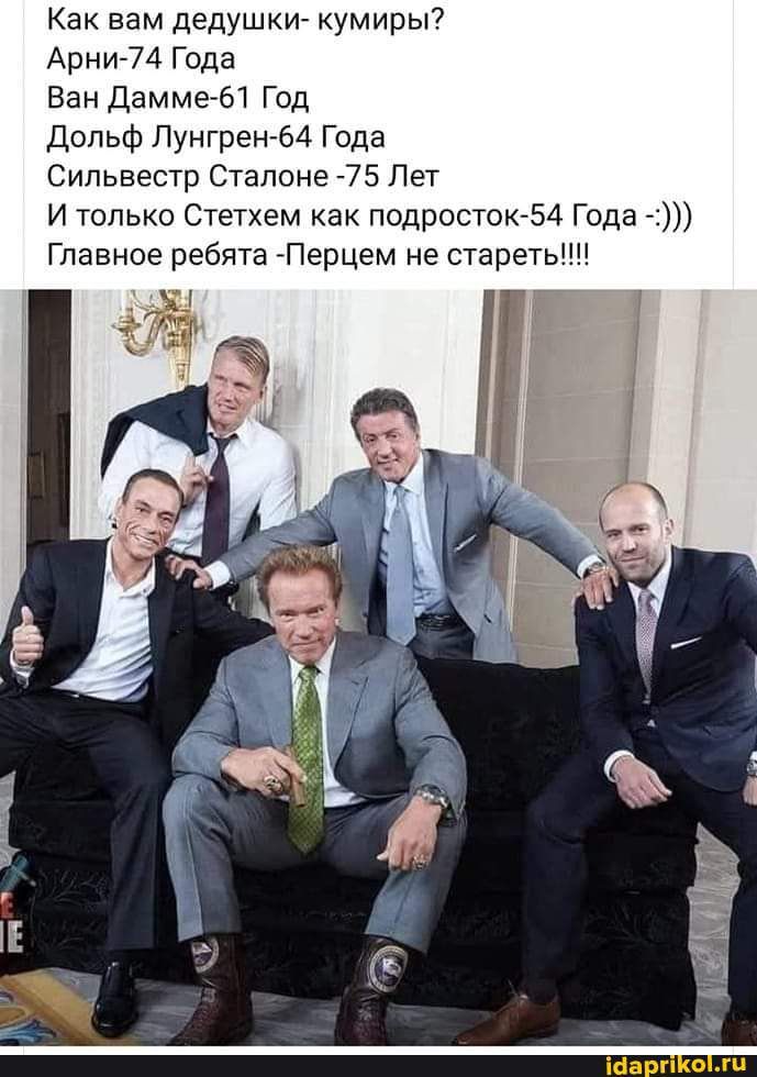 Как вам дедушки кумиры7 Арни 74 Года Ван Даммегы Год Дольф Пунгрен64 Года Сильвестр Ствпоне 75 Лет И только Стетхем ак подросюкБА Года Главное ребята Перцем не старетьіт