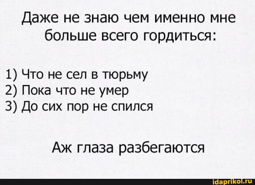 Даже не знаю чем именно мне больше всего гордиться 1 Что не сел в тюрьму 2 Пока что не умер 3 До сих пор не спился Аж глаза разбегаются