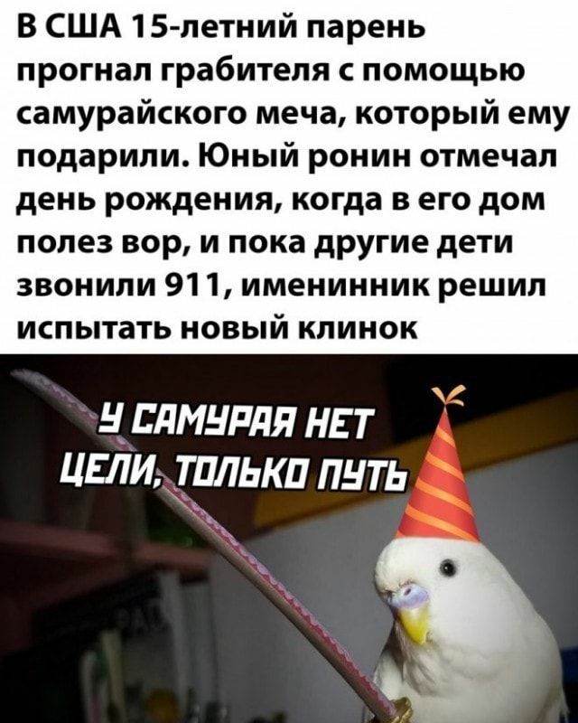 В США 15 летний парень прогнал грабителя помощью самурайского меча который ему подарили Юный ронин отмечал день рождения когда в его дом полез вор и пока другие дети звонили 911 именинник решил ИСПЬПЗТЬ НОВЫЙ КЛИМОК ц слмирля нвт цели гальки пить