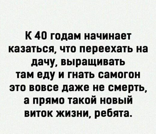 К 40 годам начинает казаться что переехать на дачу выращивать там еду и гнать самогон это вовсе даже не смерть а прямо такой новый виток жизни ребята