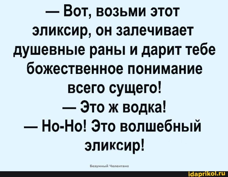 Вот возьми этот эликсир он залечивает душевные раны и дарит тебе божественное понимание всего сущего Это ж водка Но Но Это волшебный эликсир