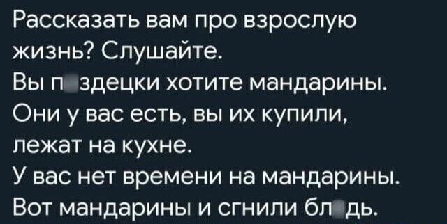 Рассказать вам про взрослую жизнь Слушайте Вы п здецки хотите мандарины Они у вас есть вы их купили лежат на кухне У вас нет времени на мандарины Вот мандарины и сгнили бп дь ШЦВНКОМЦ