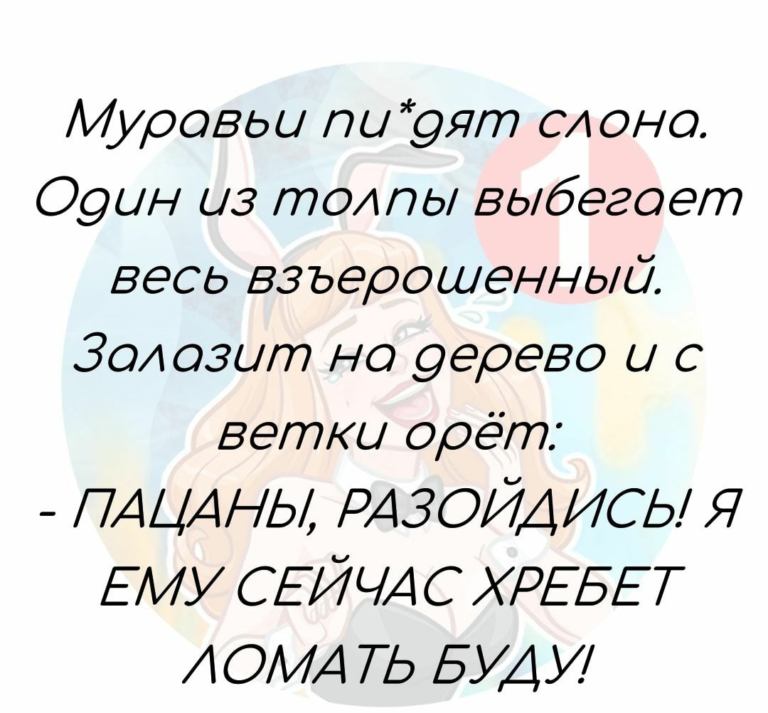 Муравьи пи 9ят сл оно Оуин из толпы выбегает весь взъерошенный Золозит но узрево и с ветки орёт ПАЦАНЫ РАЗОЙДИСЫ Я ЕМУ СЕЙЧА с ХРЕБЕТ ДОМА ТЬ БУДУ
