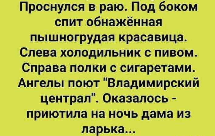Проснулся в раю Под боком спит обнажённая пышногрудая красавица Спевахоподипьник с пивом Справа попки с сигаретами Ангелы поют Владимирский централ Оказалось прикітила на ночь дама из парька