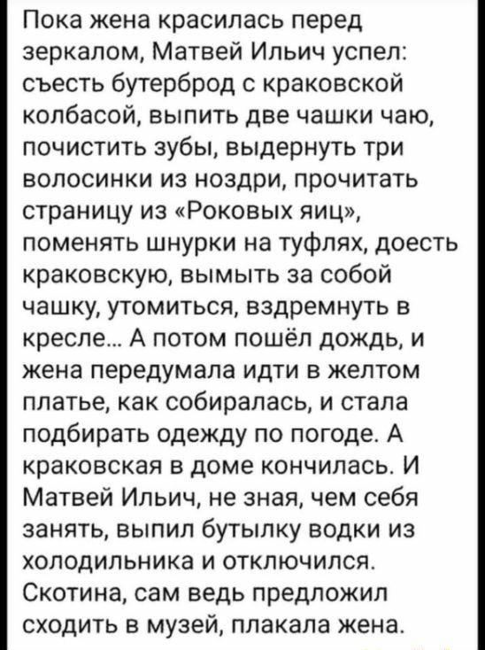 Пока жена красилась перед зеркалом Матвей Ильич успел съесть бутерброд с краковской колбасой выпить две чашки чаю почистить зубы выдернуть три волосинки из ноздри прочитать страницу из Роковых яиц поменять шнурки на туфлях доесть краковскую вымыть за собой чашку утомиться вздремнуть в кресле А потом пошёл дождь и жена передумала идти в желтом платье как собиралась и стала подбирать одежду по погод