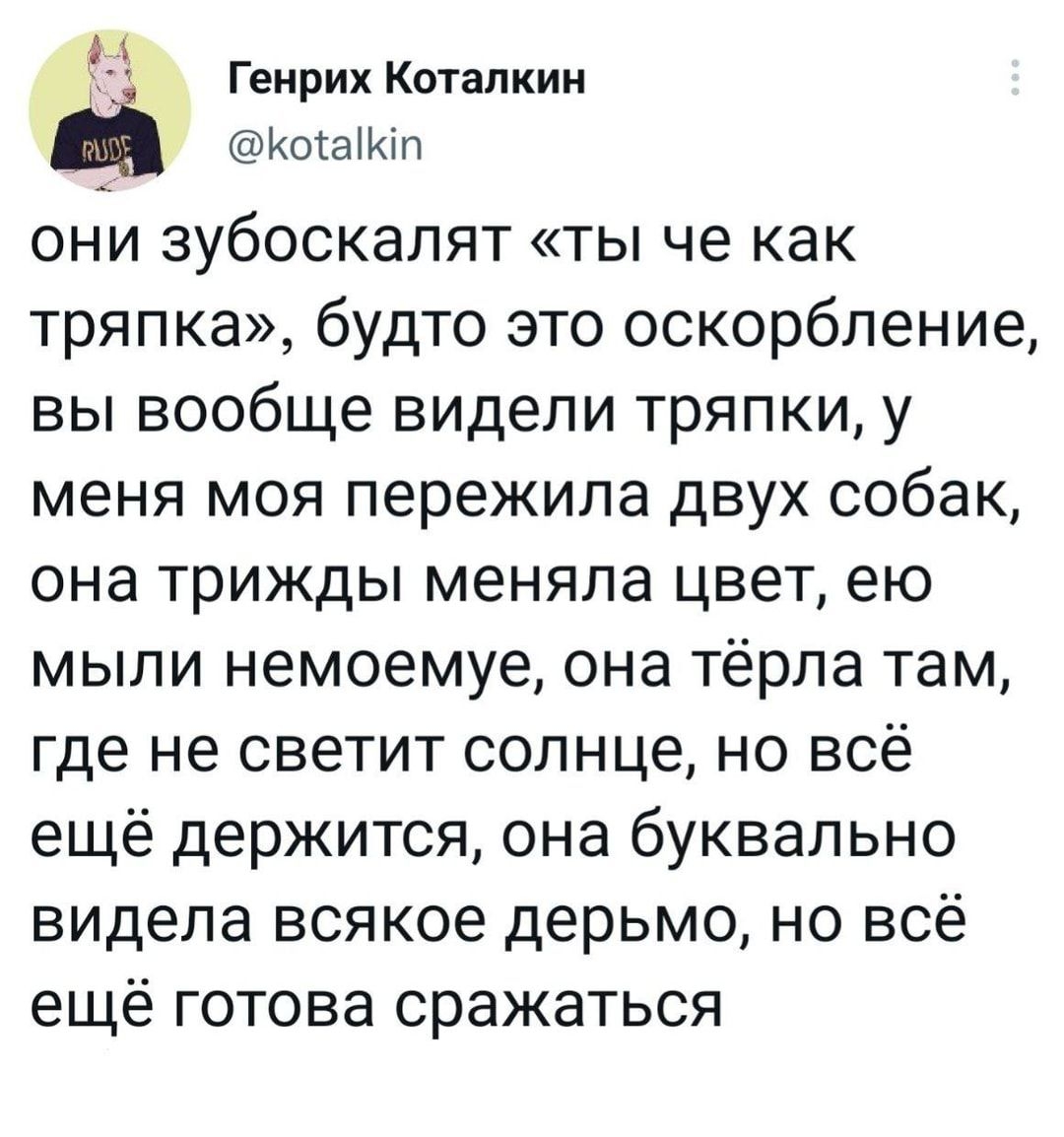 Генрих Каталкии Когаіюп они зубоскапят ты че как тряпка будто это оскорбление вы вообще видели тряпки у меня моя пережила двух собак она трижды меняла цвет ею мыли немоемуе она тёрла там где не светит солнце но всё ещё держится она буквально видела всякое дерьмо но всё ещё готова сражаться