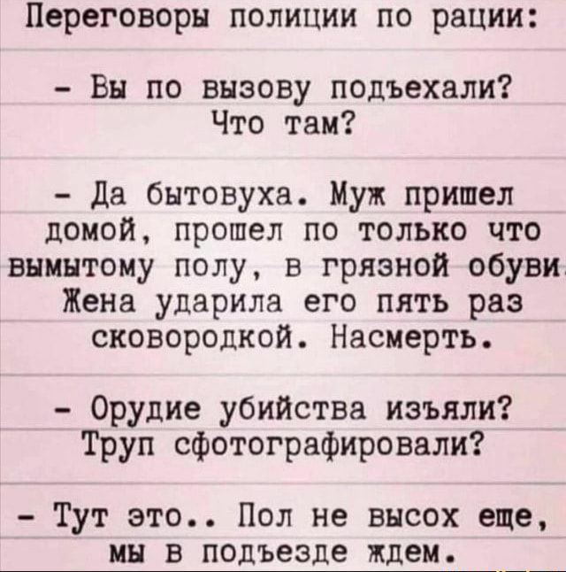 Переговоры полиции по рации Вы по вызову подъехали Что там Да бытовуха Муж пришел домой прошел по только что внинтому полу в грязной обуви Жена ударила его пять раз сковородкои Насмерть Орудие убийства изъяли Труп сфотографировали Тут это Пол не внсох еще Н В подъезде ждем _