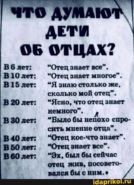 АЕіШ 06 ФТШ В 6 т Отец знает все В 10 лег Отец знает многое В 16 лет Я знаю столько же сколько мой отец в 20 лет Ясно что отец пиве пенного В 80 лет Еще бы непохо спро сить пение ща В 40 яп Отец кое что шт В 50 лит Опц знает все 50 я Эх был бы сейчас отец жда посошо шоп бы ши