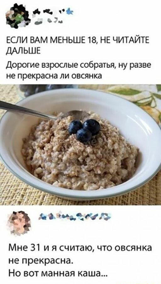36 С ЕСЛИ ВАМ МЕНЬШЕ 18 НЕ ЧИТАЙТЕ ДАЛЬШЕ Дорогие взрослые собратья ну разве не прекрасна ли овсянка и мира Мне 31 и я считаю что овсянка не прекрасна Но вот манная каша
