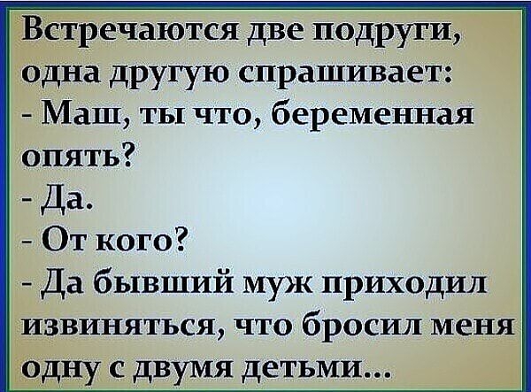 Ёречаются две подруги одна другую спрашивает Маш ты что беременная опять Да От кого Да бывший муж приходил извиняться что бросил меня дядну с двумя детьми _ д