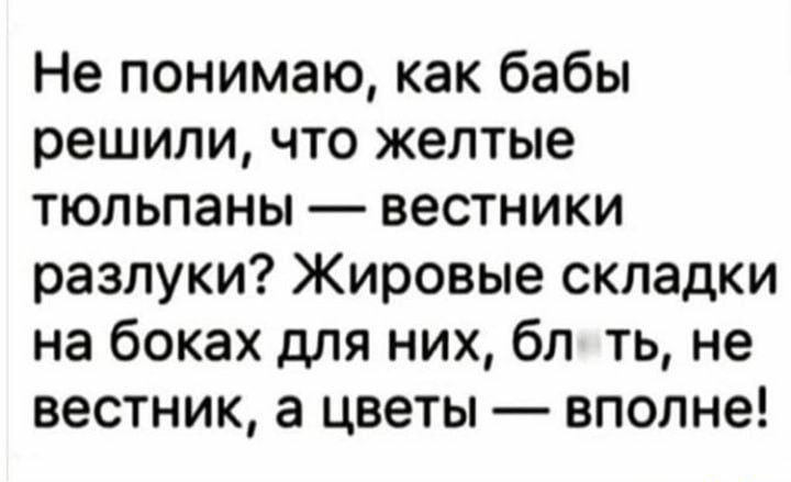 Не понимаю как бабы решили что желтые тюльпаны вестники разлуки Жировые складки на боках для них бл ть не вестник а цветы вполне