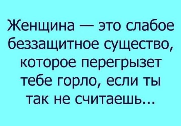 Женщина это слабое беззащитное сущесгво которое перегрызет тебе горло если ты так не считаешь