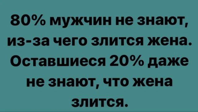 80 мужчин не знают из за чего злится жена Оставшиеся 20 даже не знают что жена злится