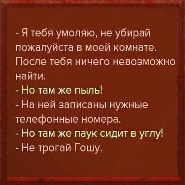 Я тебя умоляю не убирай пожалуйста в моей комнате После тебя ничего невозможно найти Но там же пыль На ней записаны нужные телефонные номера Но там же паук сидит в углу Не трогай Гошу