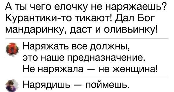 Аты чего елочку не наряжаешь Курантики то тикают Дал Бог мандаринку даст и оливьинку Наряжать все должны это наше предназначение Не наряжала не женщина Нарядишь поймешь