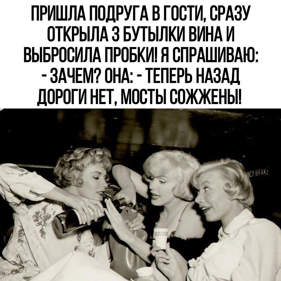 ПРИШЛА ПОДРУГА В ГОСТИ, СРАЗУ ОТКРЫЛА 3 БУТЫЛКИ ВИНА И ВЫБРОСИЛА ПРОБКИ! Я СПРАШИВАЮ: - ЗАЧЕМ? ОНА: - ТЕПЕРЬ НАЗАД ДОРОГИ НЕТ, МОСТЫ СОЖЖЕНЫ!