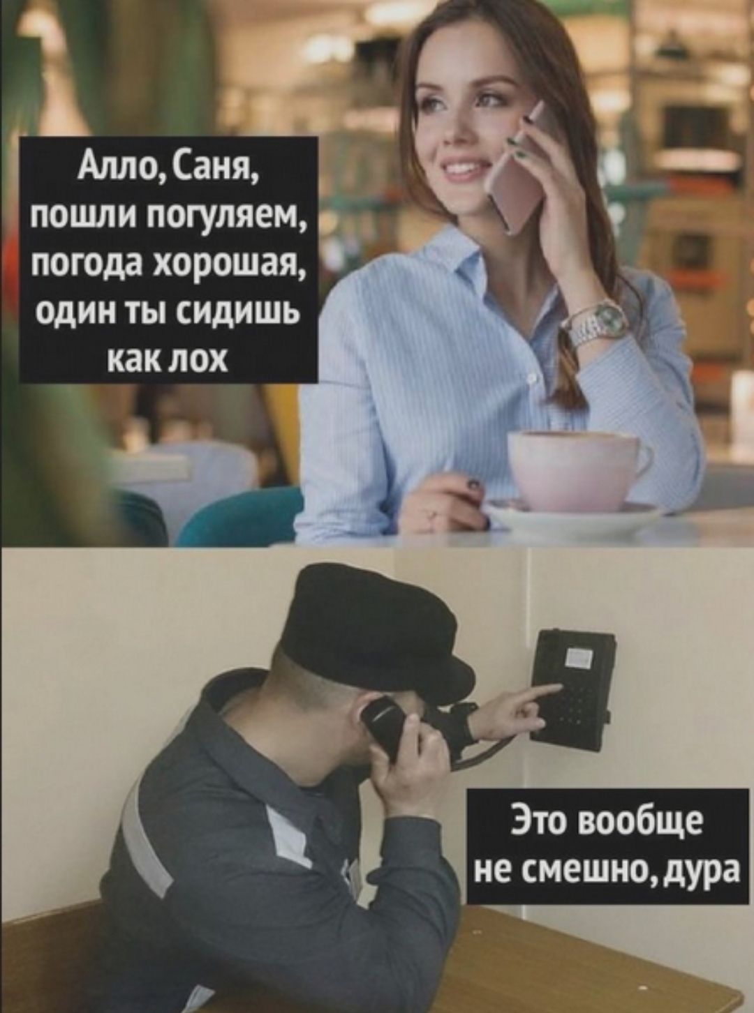 Алло, Саня, пошли погуляем, погода хорошая, один ты сидишь как лох
Это вообще не смешно, дура