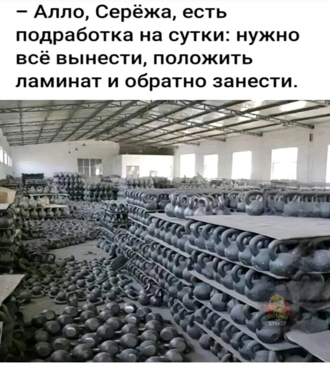 – Алло, Серёжа, есть подработка на сутки: нужно всё вынести, положить ламинат и обратно занести.