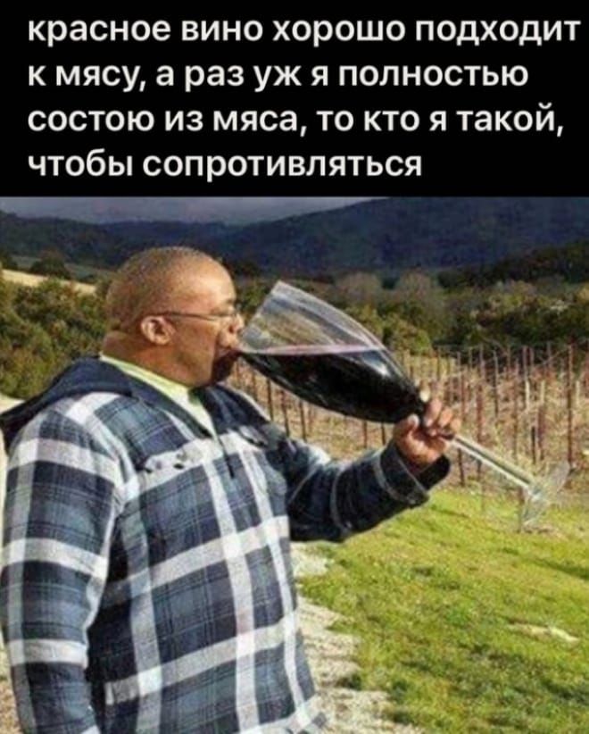 красное вино хорошо подходит к мясу, а раз уж я полностью состою из мяса, то кто я такой, чтобы сопротивляться