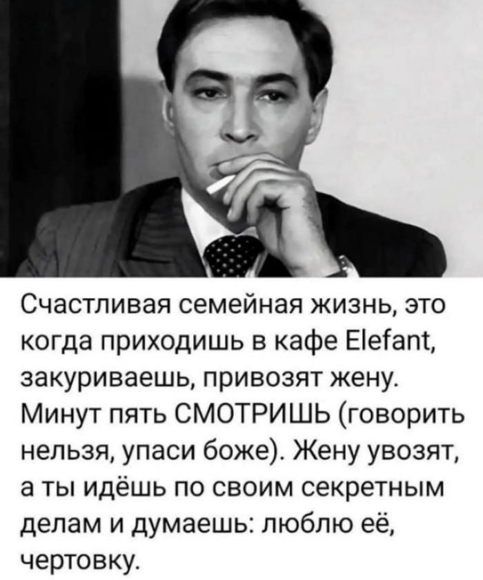 Счастливая семейная жизнь, это когда приходишь в кафе Elefant, закуриваешь, привозят жену. Минут пять СМОТРИШЬ (говорить нельзя, упаси боже). Жену увезут, а ты идёшь по своим секретным делам и думаешь: люблю её, чертовку.