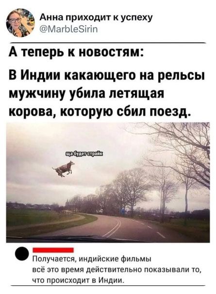 А теперь к новостям:\nВ Индии какающего на рельсы мужчину убила летящая корова, которую сбил поезд.\nПолучается, индийские фильмы всё это время действительно показывали то, что происходит в Индии.