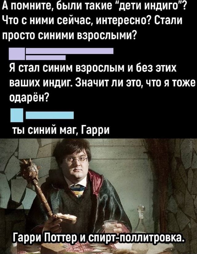 А помните, были такие «дети индиго»? Что с ними сейчас, интересно? Стали просто синими взрослыми? Я стал синим взрослым и без этих ваших индий. Значит ли это, что я тоже одарён? Ты синий маг, Гарри. Гарри Поттер и спирт-поллитровка.