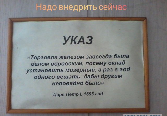 делом воровским посему оклад установить мизерный а раз в год одного вешать дабы другим неповадно было Торговля железом завсегда была Царь Петр 1696 год