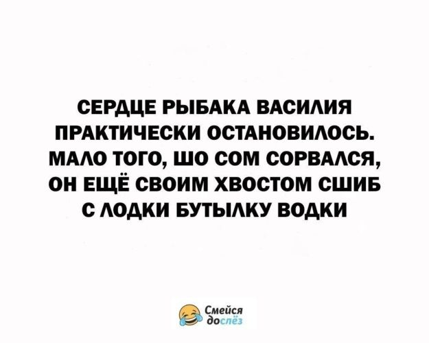 сврдц РЫБАКА вдсидия пмктичвски остАновилось ммо того шо сом сорвмся он ЕЩЁ своим хвостом сшив с лодки вутьмку водки
