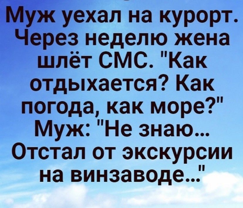 уехал на курорт ерез неделю жена шлёт СМС Как отдыхается Как погода как море Муж Не знаю Отстал от экскурсии на винзаводе