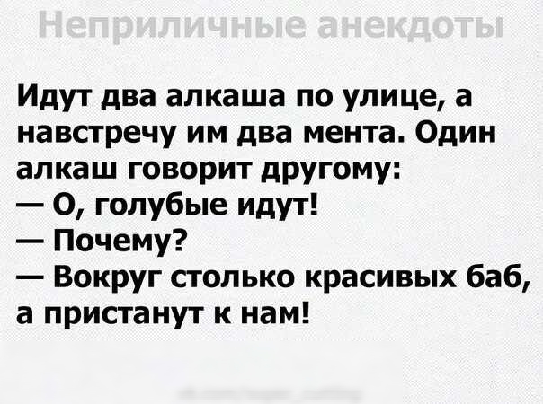 Идут два алкаша по улице а навстречу им два мента Один алкаш говорит другому О голубые идут Почему Вокруг столько красивых баб а пристанут к нам